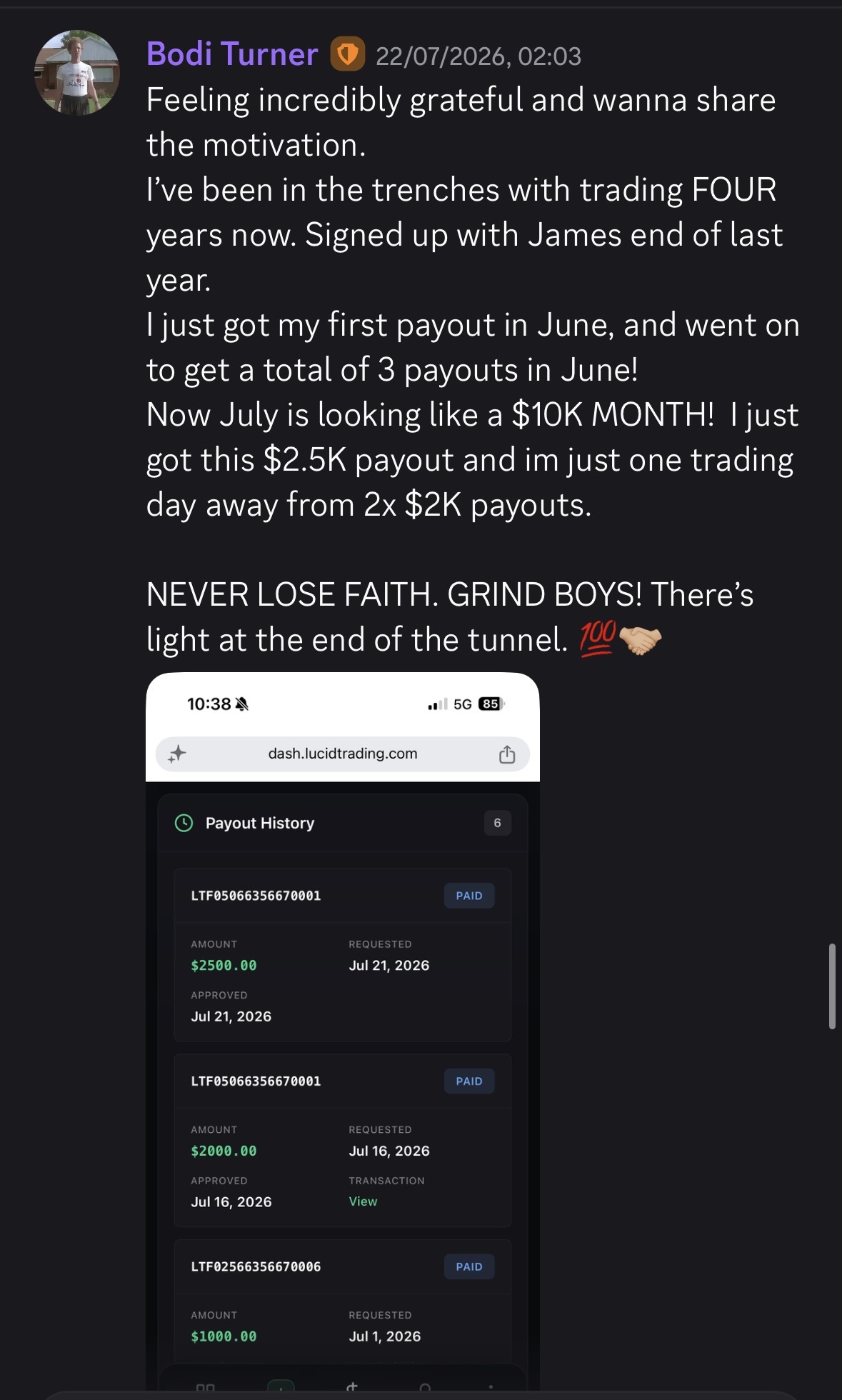 Student payout and testimonial screenshot 3