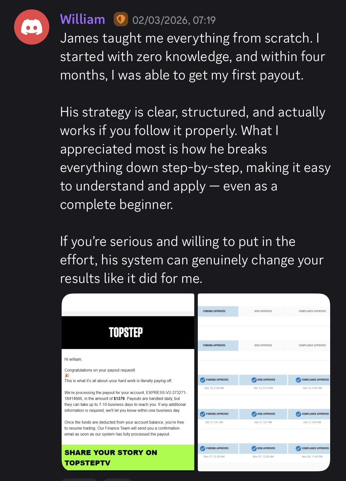 Student payout and testimonial screenshot 9