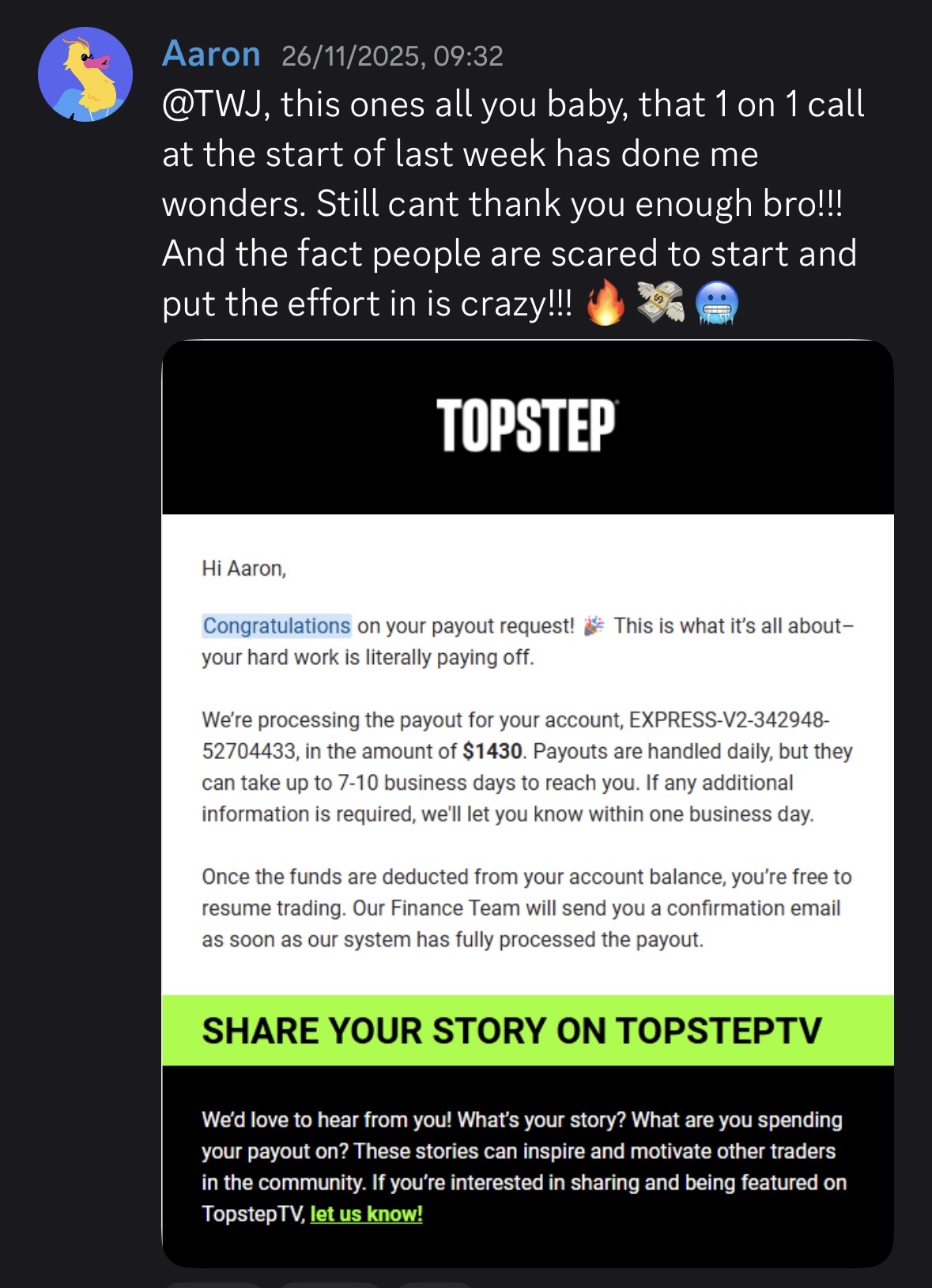 Student payout and testimonial screenshot 10